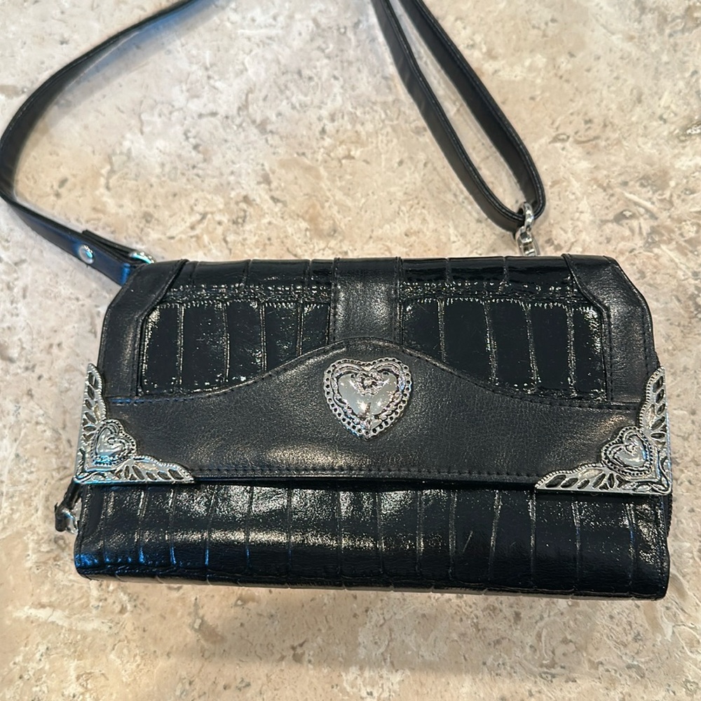 *Last Chance Price* Brighton Black Croc Leather Vintage Trifold Wallet w/ Strap
